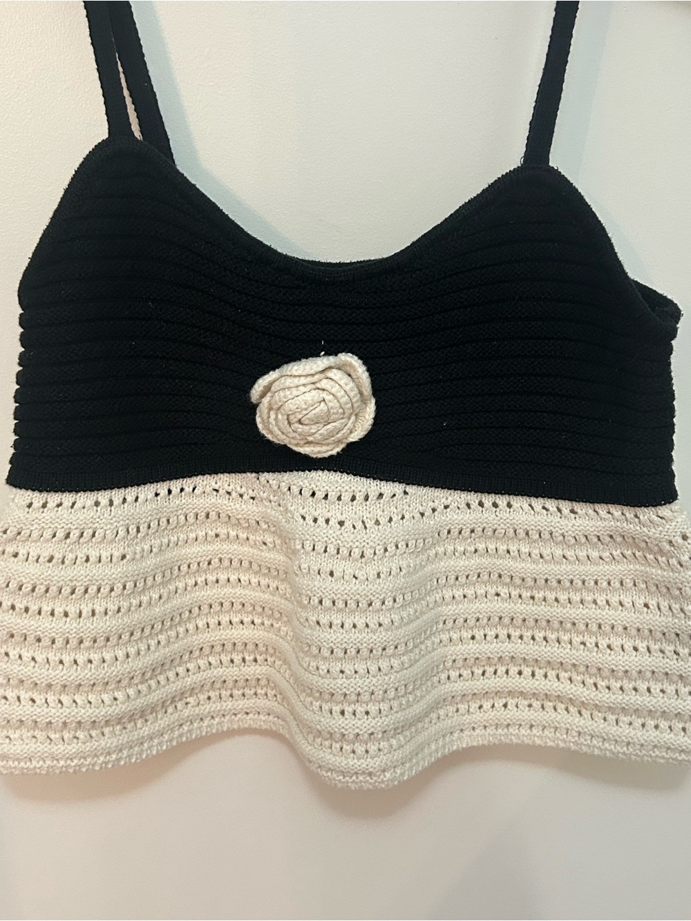 Aeropostale Black and Cream Crochet Crop Tank with Floral Accent